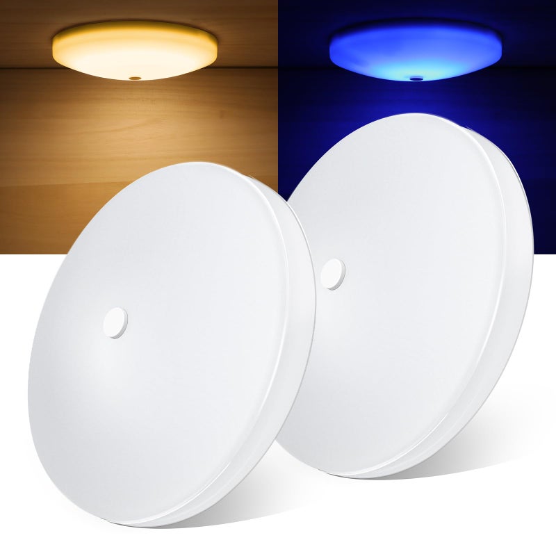 Obeaming 2 Pack RV Interior Ceiling Dome Light 4.5 Inch, Press Dimmer Switch & Blue Nightlight,12V Dimmable Puck Light for Motorhome Trailer Fifth Wheel Truck Coach Enclosed Trailer(3000K) - Image 1